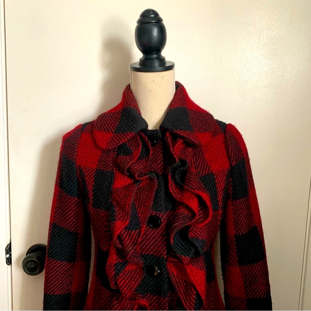 Anthropologie Plenty by Tracy Reese Buffalo Plaid Coat XS Small Ruffle Wool Red